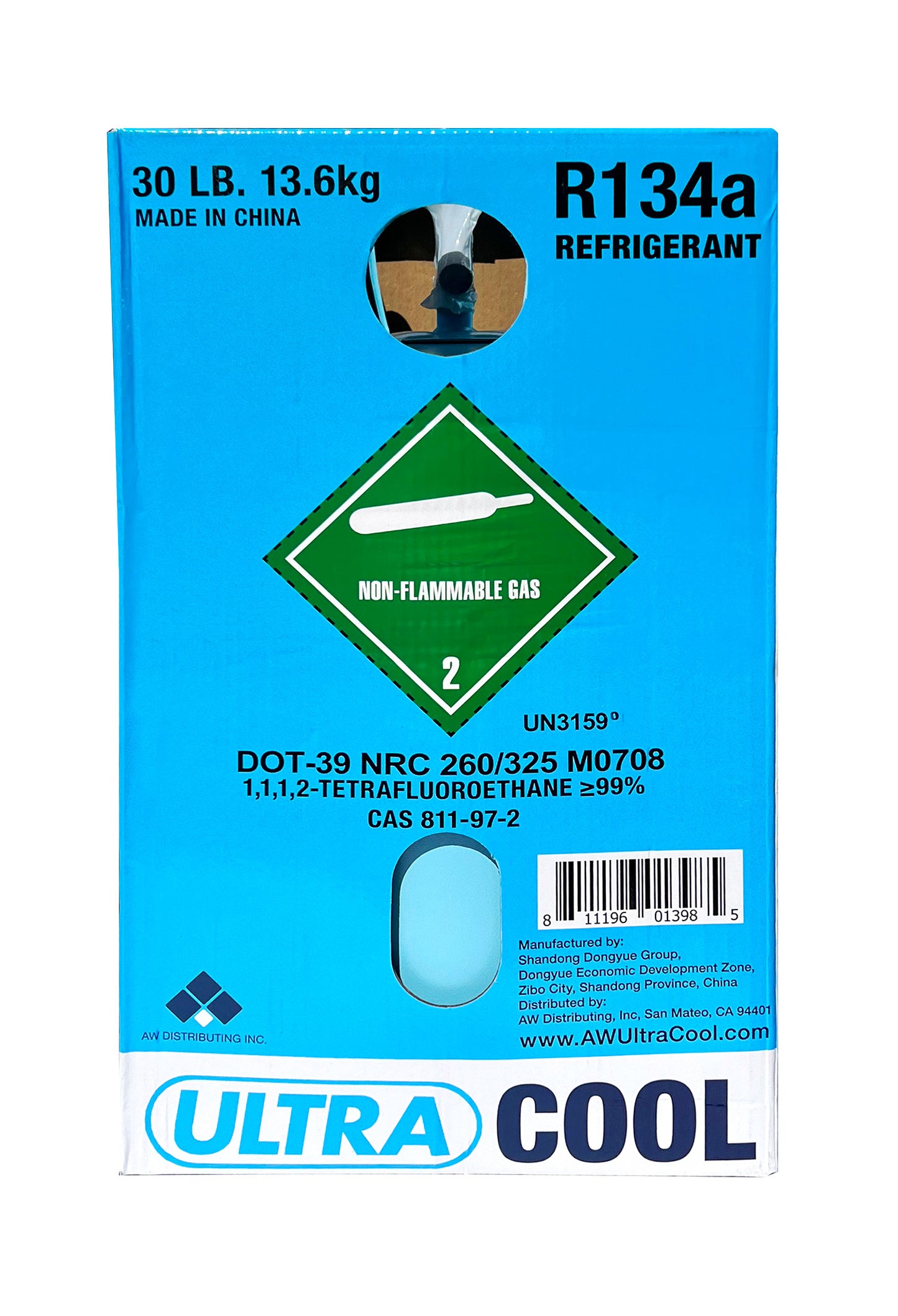 UN3159 Refrigerant Gas R134a 30 LBS Cylinder